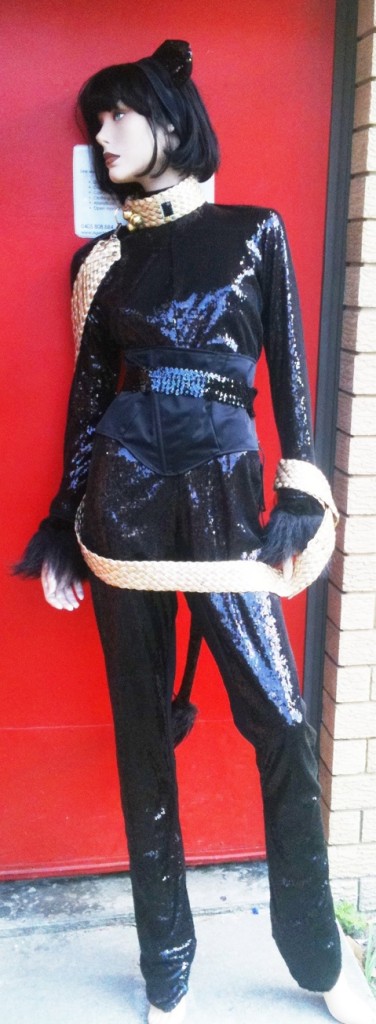 Panther costume with golden leash, fancy dress costume hire shop