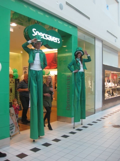 Spec Savers promotional costumes, stilt walkers